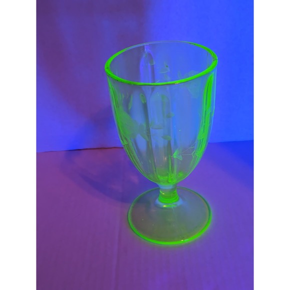 Vintage 7" Uranium Vaseline Glass Water Goblet Etched Flowers Pedestal Flaw - Picture 1 of 9
